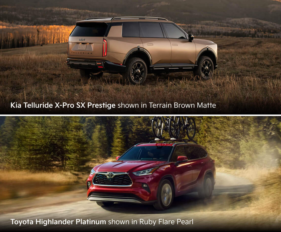 Kia Telluride X-Pro SX Prestige shown in Terrain Brown Matte, Toyota Highlander Platinum shown in Ruby Flare Pearl